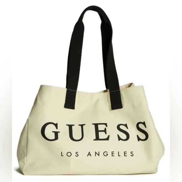 NEW GUESS Women's Canvas Of--White Large Tote Shopper Handbag Beach Travel - Picture 1 of 7